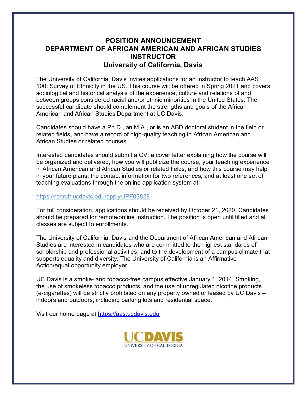 Position Announcement - Department of African American and African Studies 