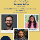 yellow poster featuring text and photos. Three photos display three people.